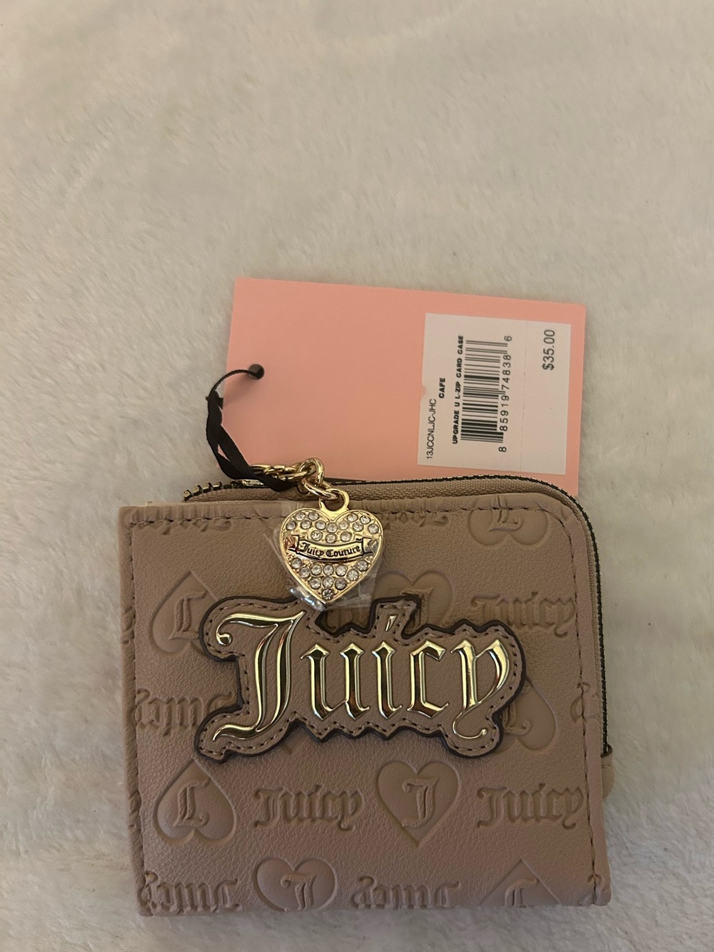 Juicy Couture Taupe Zip Card Case with Pink ID Window